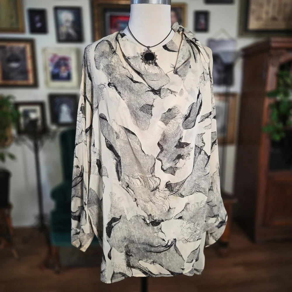 Vintage 90s Apropos‎ Sheer 100% Silk Abstract Art Wrap Blouse Boho Witchy Top